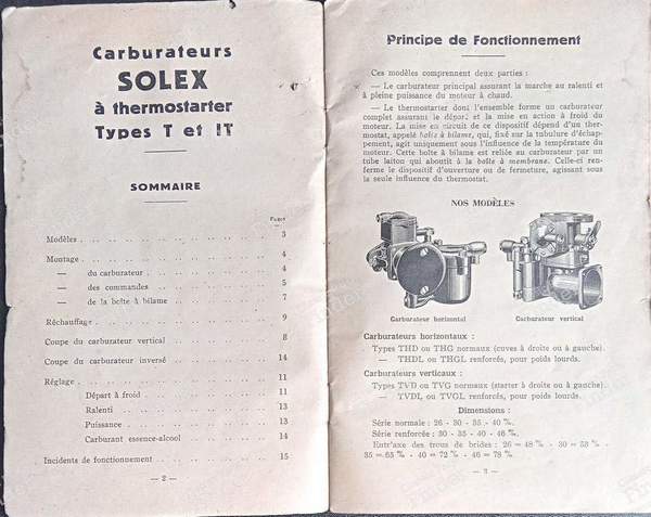 Notices carburateurs Solex: type T et IT - CITROËN 2CV - 5A- 1