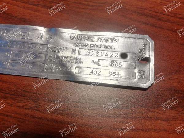 Chassis Identification Plate - Coupe Version - OPEL Kadett (B) - 2