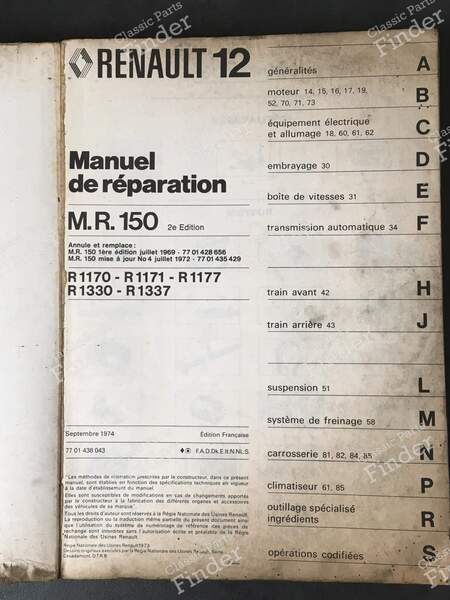 M.R. 150 Repair Manual - 2nd Edition - RENAULT 12 / Virage (R12) - 7701438043- 1