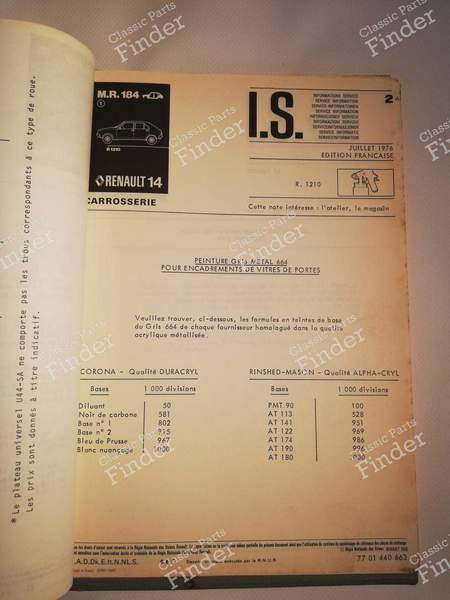 Manuel de réparation M.R. 184 - RENAULT 14 (R14) - 7701440044- 7