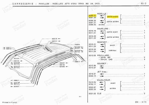 Left front roof panel - Station wagon version - PEUGEOT 204 - 830621- 3