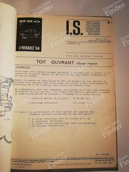 Manuel de réparation M.R. 184 - RENAULT 14 (R14) - 7701440044- 9