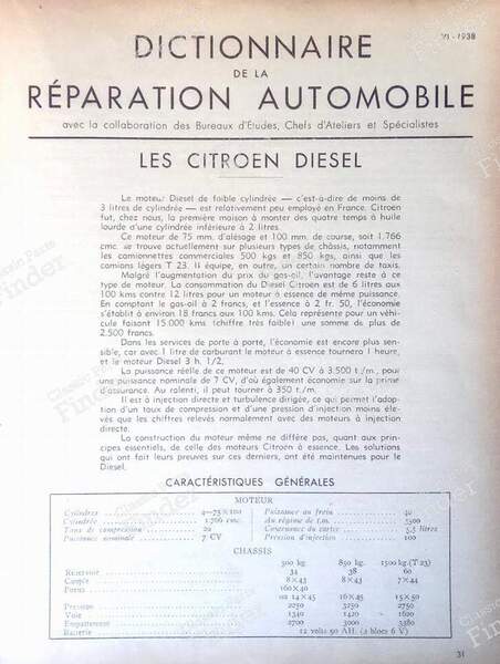 Revue technique SERVICE 1938 - CITROËN Type 23 / U23 - Juin 1938- 1