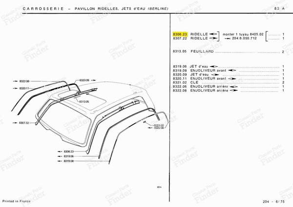 Tôle ridelle de pavillon côté gauche - Version Berline - PEUGEOT 204 - 830623- 3